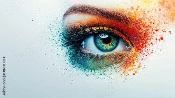 Fototapeta A minimalistic surreal illustration of a floating eye filled with swirling Holi hues, subtle dust trailing off into blank space