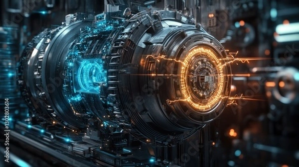 Fototapeta Futuristic energy core with glowing elements, set in a high-tech industrial environment