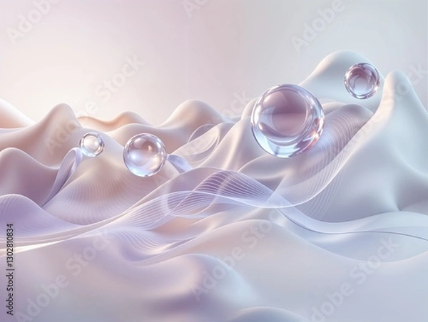 Obraz Abstract Landscape with Soft Silk Waves and Floating Glass Spheres