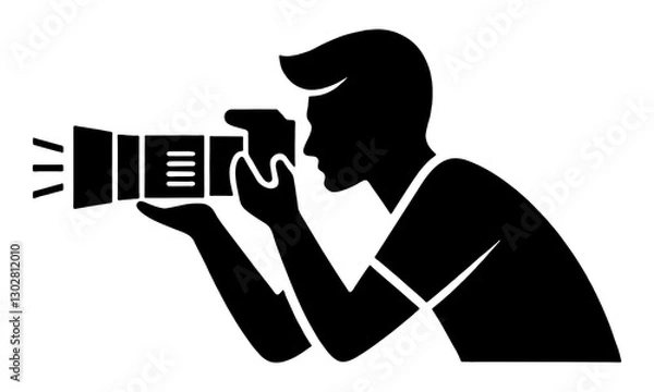 Obraz デジタル一眼レフカメラのズームレンズで写真撮影をしている男性のシルエットイラスト 透過背景の切り抜き