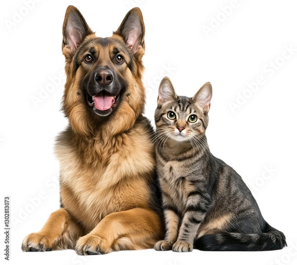 Fototapeta A cute German Shepherd dog and cat sitting together on transparent background