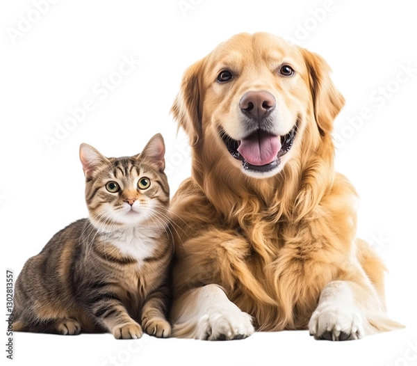 Fototapeta A cute golden retriever dog and cat sitting together on transparent background