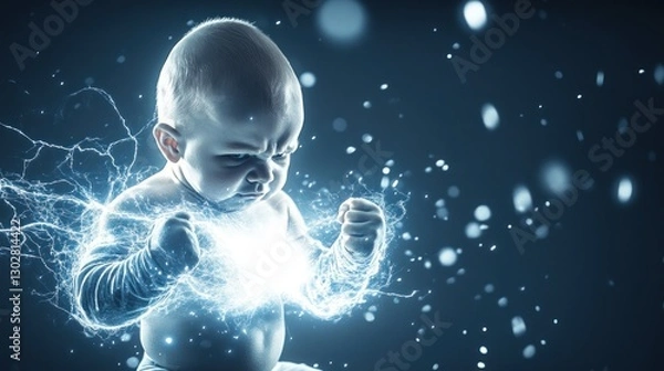 Fototapeta A baby with electric power becomes a hero of angry expression in the dark, thunder and lightning around him merge into his body showing fantasy imagination support for child's anti-body