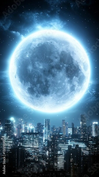 Fototapeta Lunar eclipse shadow cosmic moon. A luminous full moon illuminates a city skyline at night, creating a surreal and magical atmosphere.