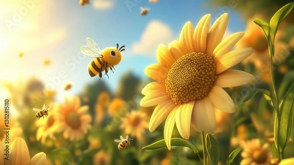 Fototapeta A cheerful cartoon bee with large eyes and striped body flies joyfully next to a surprised sunflower character with a round face and wide eyes,
