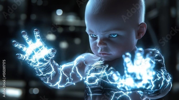 Fototapeta A baby with electric power becomes a hero of angry expression in the dark, thunder and lightning around him merge into his body showing fantasy imagination support for child's anti-body