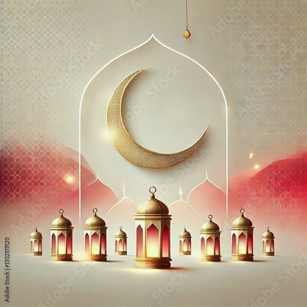 Fototapeta A generative AI image of a golden crescent moon shining softly on a red and gold background, accompanied by glowing traditional lanterns, reflects the warmth and togetherness of the holy month.