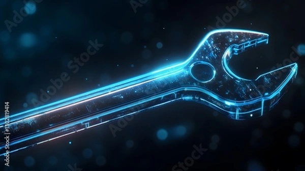 Fototapeta Futuristic Digital Wrench with Neon Glow on Dark Background