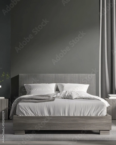 Fototapeta Modern bedroom design featuring a sleek bed and minimalist decor with gray tones