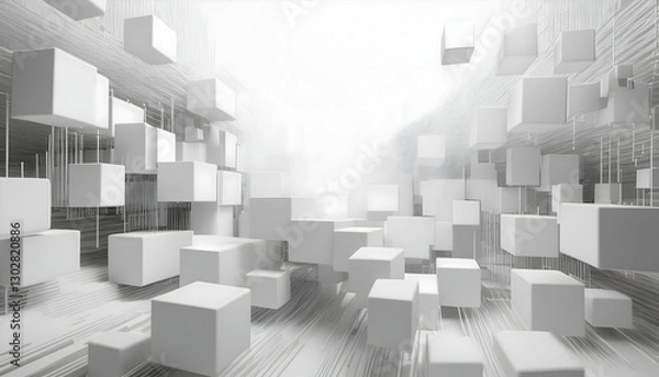 Fototapeta Cyberpunk Overlapping white 3d squares particles floating minimal shadows, positioned.
