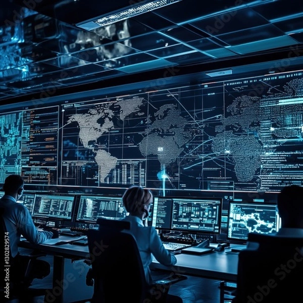 Fototapeta Advanced Control Room with Digital Displays and Operators at Work