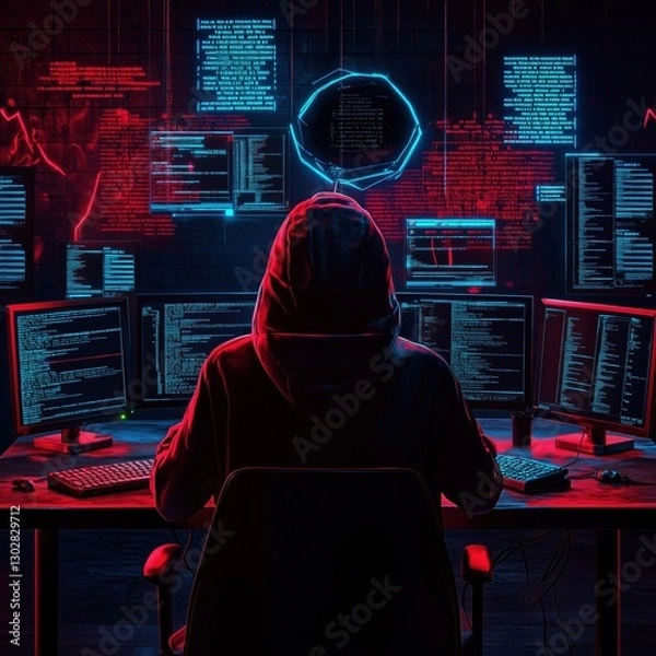 Fototapeta Hooded Figure Working with Multiple Computers and Digital Data Lights
