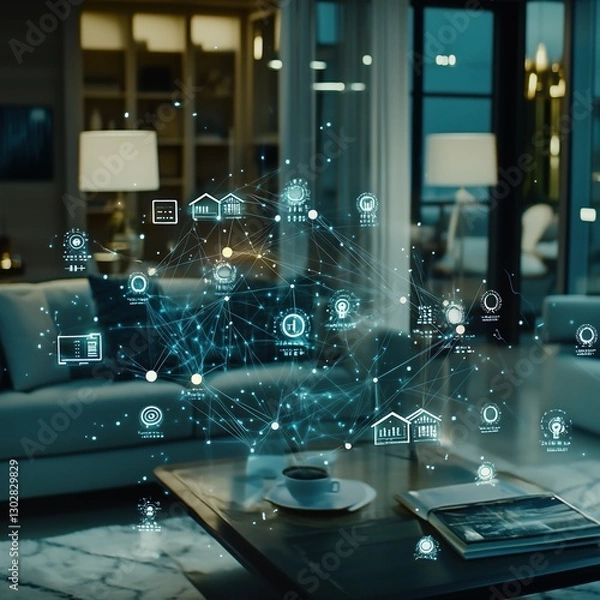 Fototapeta Futuristic Living Room with Digital Graphical User Interface Overlay