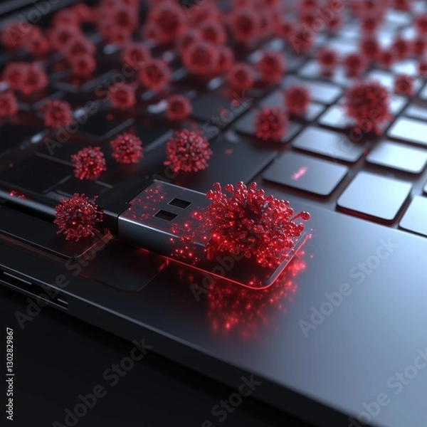 Fototapeta USB Device Surrounded by Red Virus Particles on Laptop Keyboard
