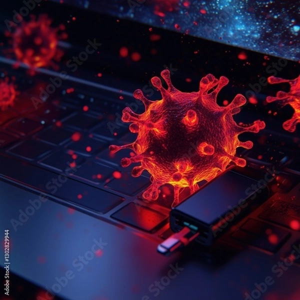 Obraz Computer Keyboard with Virus Illustration and USB Connector