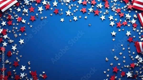 Fototapeta A festive, flat lay composition featuring red, white, and blue striped ribbons,