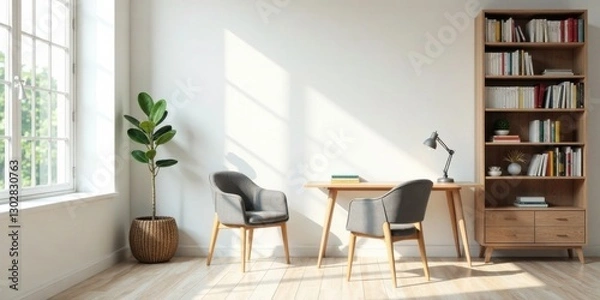 Fototapeta Serene Home Office Workspace with Natural Light and Minimalist Design Featuring Wooden Furniture and Greenery