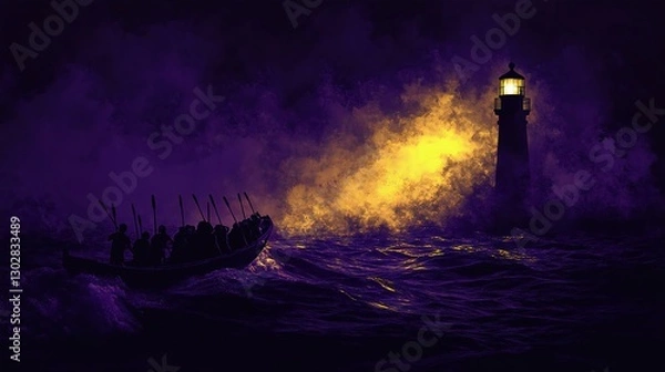 Fototapeta A dark, moody scene of a boat with rowers navigating rough waters towards a glowing lighthouse, shrouded in mist and atmospheric light.