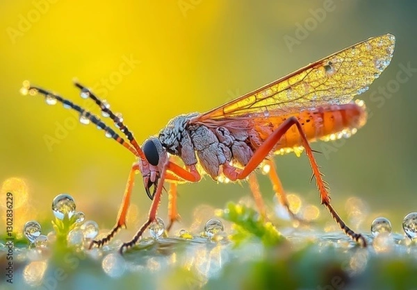 Fototapeta Close-Up of Colorful Insect on Natural Background with Dewdrops