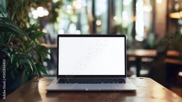 Fototapeta Laptop Mockup with a Blank Screen on wooden table in Vibrant Cafe Setting