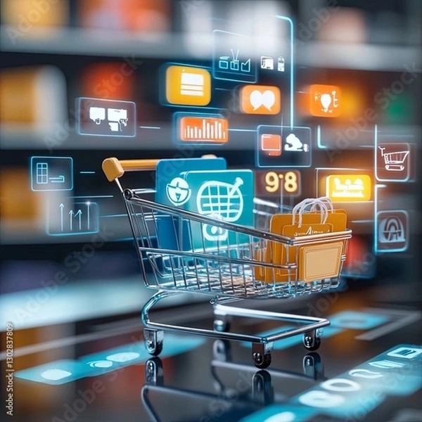 Fototapeta online sales concept of digital marketing, ad, product ads, promotion of products or services through digital tools.