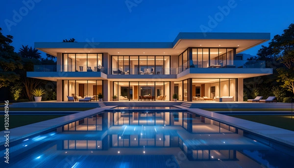 Fototapeta "A luxurious modern two-story villa with a sleek, minimalist design, featuring large glass windows and an open-concept layout. The house is illuminated with warm interior and exterior lighting, contra