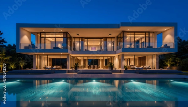 Fototapeta "A luxurious modern two-story villa with a sleek, minimalist design, featuring large glass windows and an open-concept layout. The house is illuminated with warm interior and exterior lighting, contra
