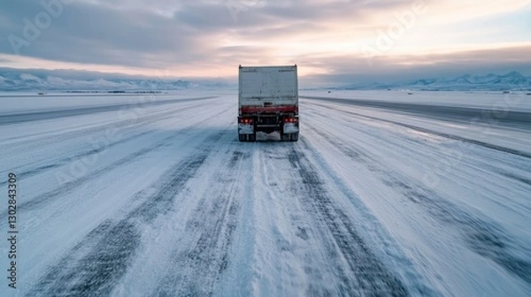 Fototapeta A captivating image of a truck driving across a snowy runway, highlighting the harsh beauty of winter and the resilience of human transportation in challenging weather conditions.