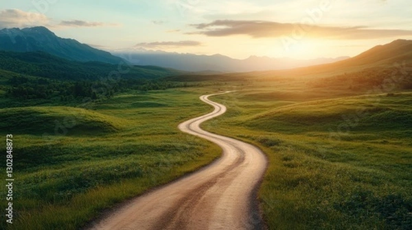 Obraz This captivating image showcases a winding path through lush green hills under soft sunlight, offering a serene and picturesque view that invites exploration and tranquility.