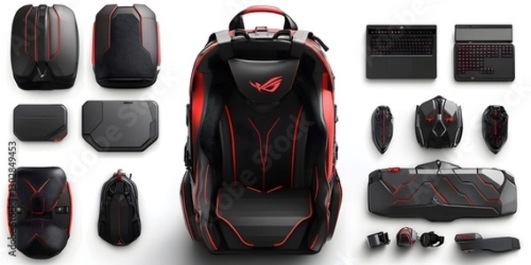 Fototapeta Gaming Gear Array: A detailed product shot showcases a set of gaming equipment and accessories in a modern, striking design with emphasis on functionality. 
