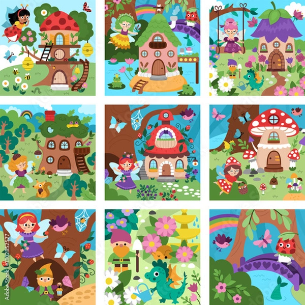 Obraz Vector square fairyland backgrounds set. Cute fairy land landscape collection. Woodland scenery with magic princess, trees, treehouse, animals. Fantasy forest scene illustration. Fairytale picture