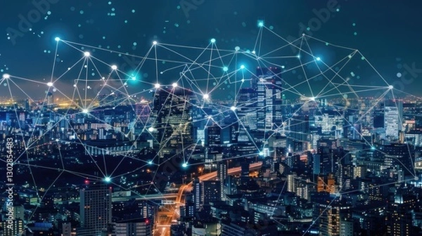 Fototapeta Smart City Network Concept with Connected Technologies