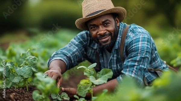Fototapeta a african descent farmer carefully inspects the soil of a lush field ensuring growth of healthy crops concepts of agriculture sustainability and dedication in modern farming practices