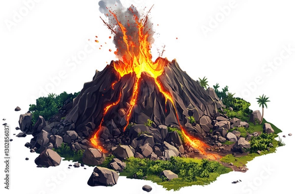 Fototapeta miniature volcano erupting, in the style of a cartoon, on a white background, in PNG