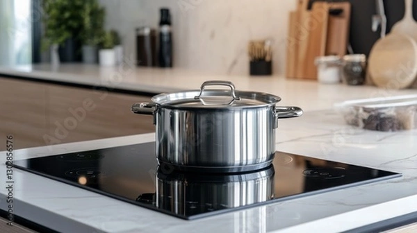 Fototapeta A gleaming stainless steel pot sits on a sleek induction stovetop in a contemporary kitchen, surrounded by elegant design elements and cooking utensils, showcasing the art of meal preparation