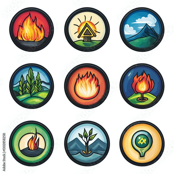 Fototapeta Nature Elements Symbols Set- Fire, Mountain, Tree, Growth and Light