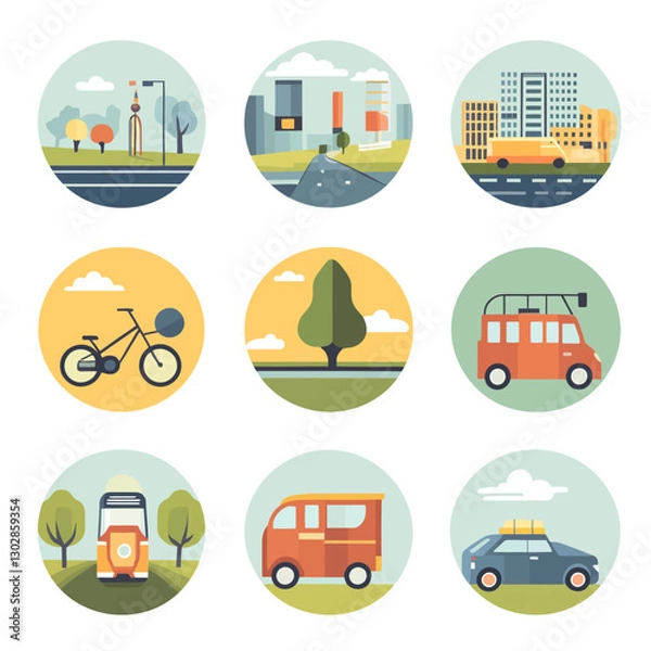 Fototapeta City and Nature Icons: Urban Transportation, Green Spaces, and Travel Options