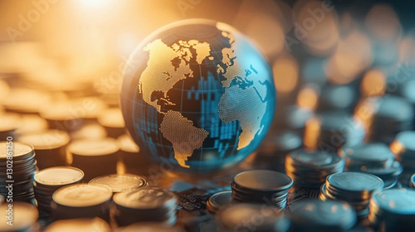 Fototapeta Global Savings: Glowing Globe and Coin Stacks