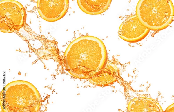 Fototapeta orange slices flying in the air with a water splash, isolated on a transparent background PNG