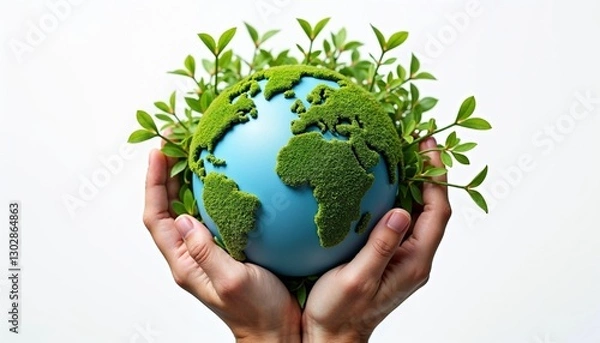 Obraz Hands holding green globe surrounded by plants