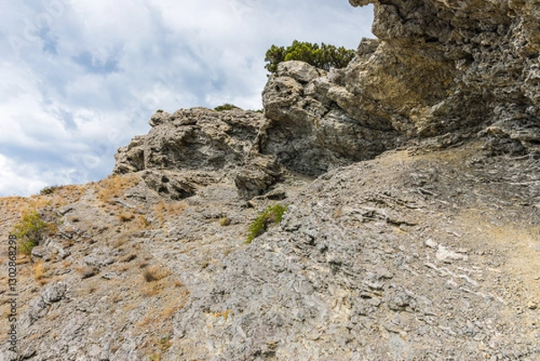 Obraz Rocks on the Golitsyn Trail is a mountain path cut into the slope of Mount Koba-Kaya, located along the coastline southwest of the village of Novy Svet, Crimea, Russia.