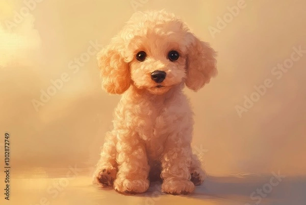 Fototapeta A cute beige poodle sitting gracefully, The dog has big, expressive eyes and a playful, charming expression, with soft, curly fur detailed in a whimsical