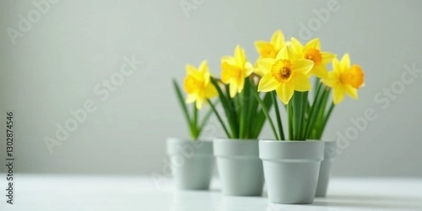 Fototapeta A cheerful springtime arrangement of yellow daffodils in light grey pots on a bright surface against a neutral backdrop