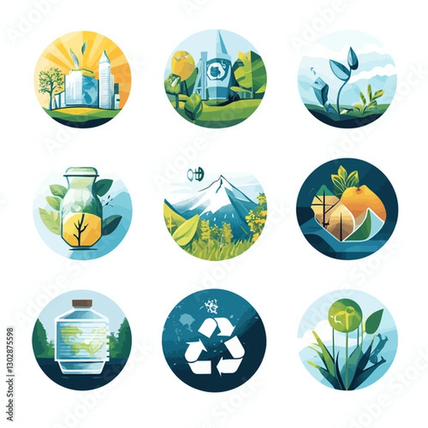 Obraz Nine eco-friendly circular icons represent sustainability and conservation