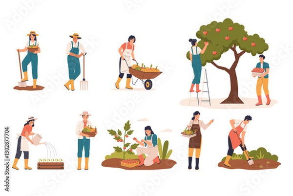 Fototapeta Set illustration of agricultural workers concept. Agricultural workers planting crops, gathering harvest. Illustration for website, landing page, mobile app, poster and banner.