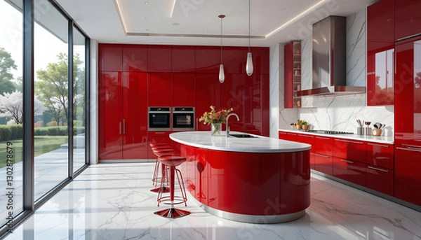 Fototapeta "A luxurious modern kitchen with a sleek red high-gloss finish on cabinets and drawers, complemented by white marble countertops and backsplash with elegant gray veining. The floor is polished white m