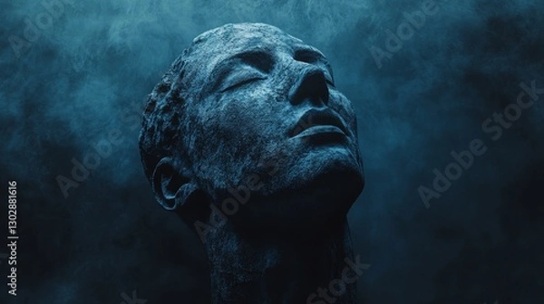 Fototapeta A man's face is shown in a blue background with a misty haze