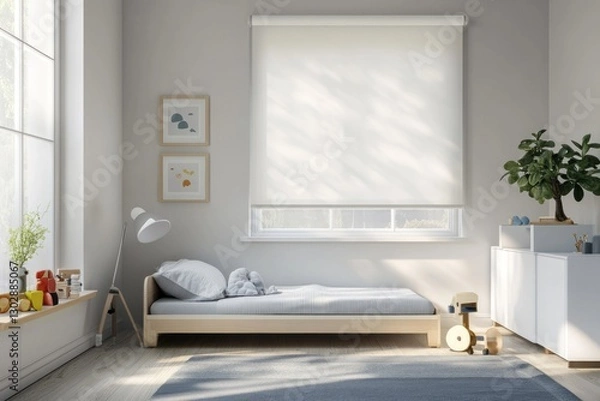 Obraz Sunlit minimalist child's bedroom with roller blind.