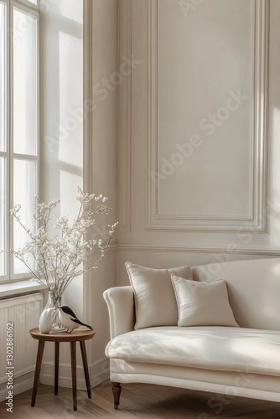 Fototapeta Sunlit minimalist living room corner with beige sofa, side table, and vase.
