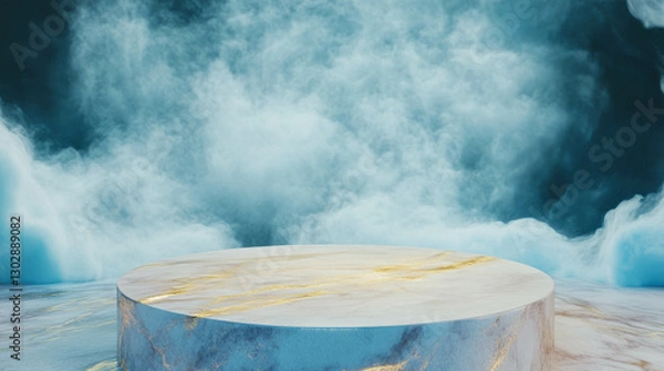 Obraz Elegant display with textured marble podium and cloudy backdrop for design presentations